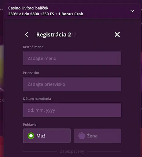 Druhá fáza registrácie v Malina Casino – zadanie mena, priezviska, dátumu narodenia a pohlavia