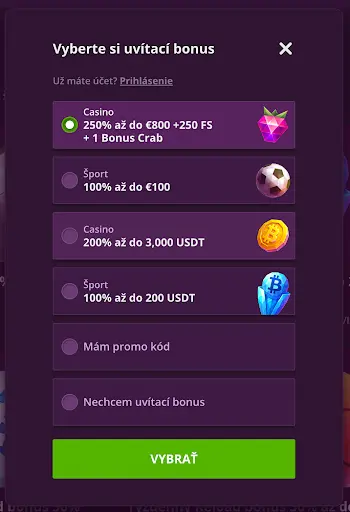 Výber uvítacieho bonusu v Malina Casino – casino, športové a krypto bonusy, promo kód alebo bez bonusu