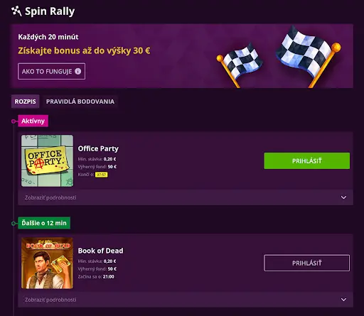 Sekcia Spin Rally s turnajmi Office Party a Book of Dead v Malina Casino
