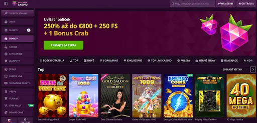 Malina Casino - Úvodná stránka s uvítacím bonusom a výberom hier