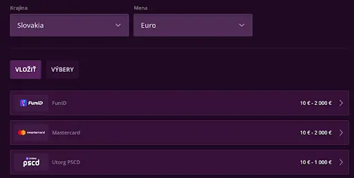 Výber krajiny, meny a dostupné platobné metódy v Malina Casino pre Slovensko