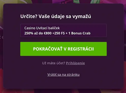 Upozornenie o vymazaní údajov pri prerušení registrácie v Malina Casino s možnosťou pokračovať