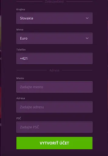 Formulár Malina Casino na zadanie krajiny, meny, telefónneho čísla a adresy pred vytvorením účtu