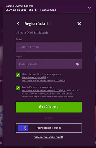 Registračný formulár Malina Casino – zadanie e-mailu, hesla a súhlas s podmienkami