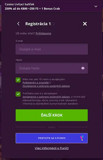 Registračný formulár v Malina Casino s možnosťou prihlásenia cez FunID