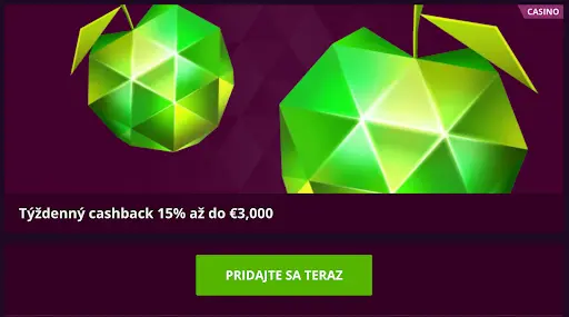 Zelené ovocné symboly a týždenný cashback bonus 15 % až do €3 000 v Malina Casino